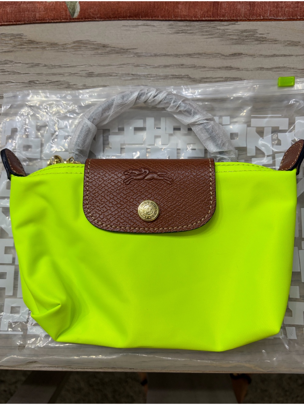 Longchamp Neon Yellow Small Tote with Brown Trim